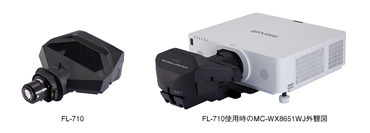 FL-710外観図と超短焦点レンズFL-710使用時のMC-WX8651WJ外観図